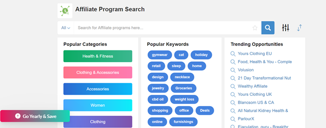 Screen shot of WA's Affiliate Program Search Platform